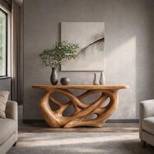 Puede incluir: Una consola de madera natural con un diseño único y orgánico. La mesa presenta una base tallada con formas abiertas y fluidas y una parte superior lisa y rectangular. Jarrones decorativos y una pequeña planta se exhiben en la mesa. La habitación tiene tonos neutros.
