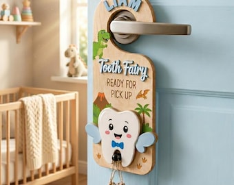 Custom Tooth Fairy Door Hanger, Personalized Dinosaur Lost Tooth Holder, Kids Bedroom Door Sign Gift
