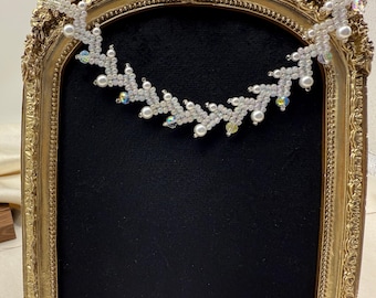 Handmade Pearl Crystal Leaf Vine Choker, Elven Wedding Necklace