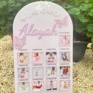 Könnte beinhalten: Eine rosa, bogenförmige Fototafel mit dem Text "ONE YEAR OF Alayah" und Schmetterlingsausschnitten. Sie verfügt über 12 kleine Fotorahmen für monatliche Babyfotos, von "New Born" bis "12 Months". Die Tafel wird von einem Holzständer getragen.