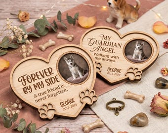 Custom Pet Memorial Heart Plaque, Personalized Dog Loss Gift, Wooden Forever By My Side Photo Frame,Bereavement Gift for Dog Lovers,Sympathy