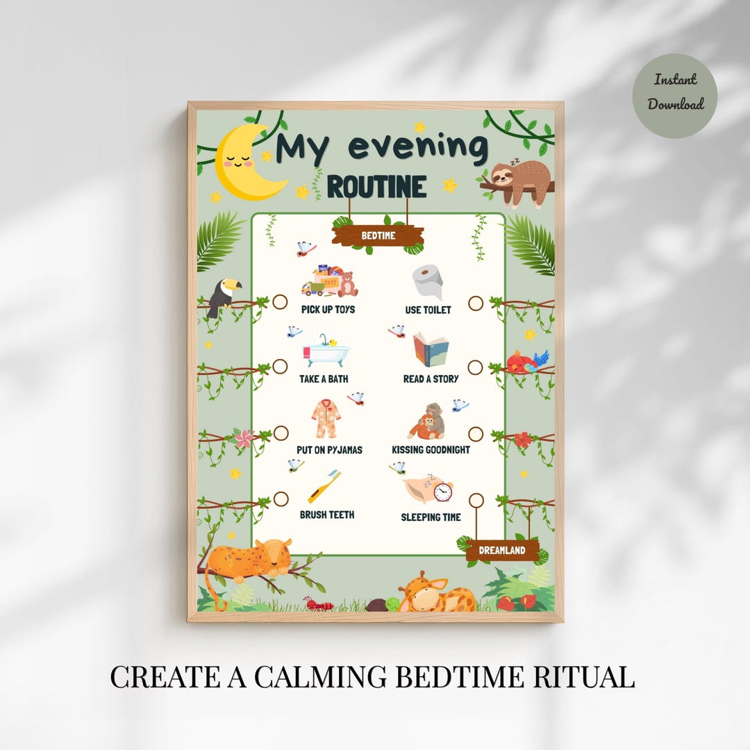 Kids Evening Routine Chart Jungle Theme | Bedtime Routine Printable ...
