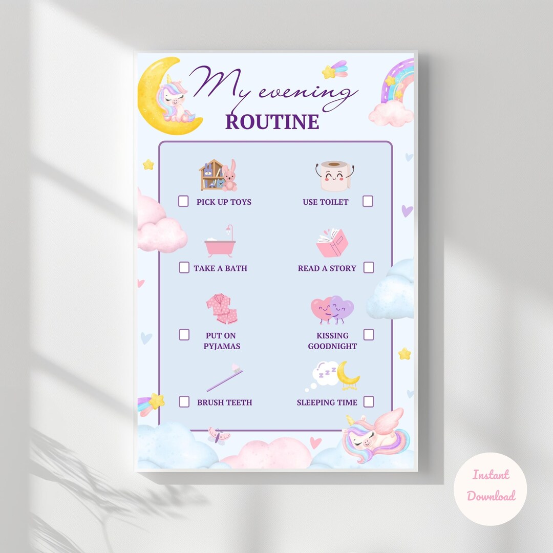 Unicorn Evening Routine Chart for Kids Printable, Bedtime Routine Chart ...