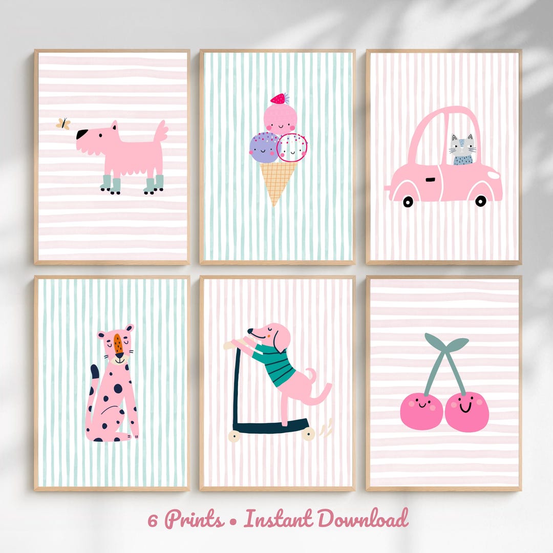 Nursery Wall Art Set of 6 | Cute Animal Prints | Girls Room Prints ...