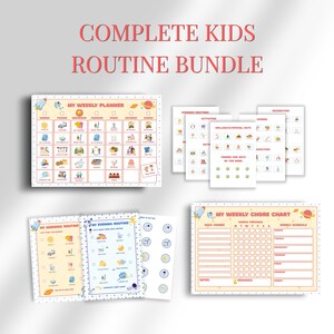 Peut inclure: Un ensemble de tableaux et de planificateurs de routine pour enfants. Le texte en haut indique "COMPLETE KIDS ROUTINE BUNDLE". L'ensemble comprend un planificateur hebdomadaire, un tableau des tâches et des feuilles de routine. Thème spatial.