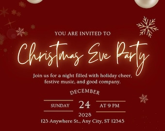 Luxury Christmas Eve Invitation | Red Gold Holiday Party Template | Editable Xmas Invite | Instant Download