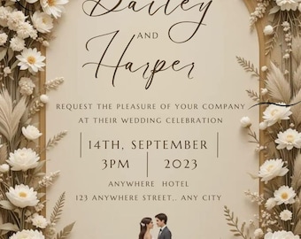 Boho Hochzeitseinladung Vorlage | Elegante Blumenbogen-Hochzeits-Einladung | Bearbeitbare neutrale Hochzeitseinladung | Sofort Download