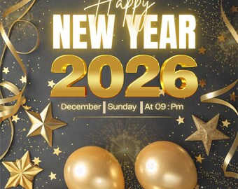 New Year 2026 Party Invitation Template | Gold Black Elegant Printable Invite | Editable Digital Download