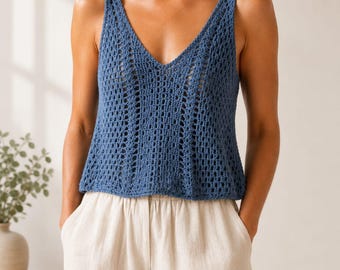 Crochet Tank Top Pattern PDF, V Neck Lace Crochet Top, Beginner Summer Cami, Boho Mesh Top, Sizes S-XL, Instant Download