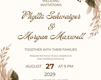 Editable Floral Wedding Invitation Template, Canva Digital Invite, Elegant Neutral Botanical Wedding Card, Instant Download