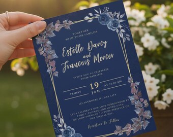 Navy Floral Wedding Invitation, Elegant Gold Frame (Digital Download)