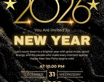 2026 New Year's Eve Invitation | Gold & Black Template (Digital Download)