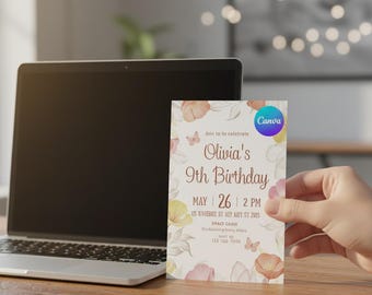 Floral Birthday Invitation Template for Girls Editable Canva Birthday Invite Pastel Flower Kids Birthday Party Digital Download