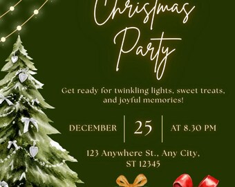 Green Christmas Party Invitation Template | Editable Holiday Card (Instant Download)