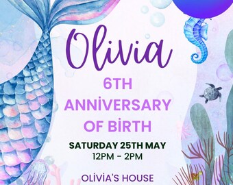 Mermaid Birthday Invitation | Under the Sea Party Invite | Editable Mermaid Birthday Card | Girl Birthday Invite | Canva Template
