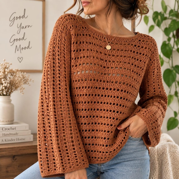 Crochet Mesh Sweater Pattern PDF | Airy One-Piece Pullover | Long Sleeve Openwork Sweater | Women's Sizes S-XL | Digital Pattern