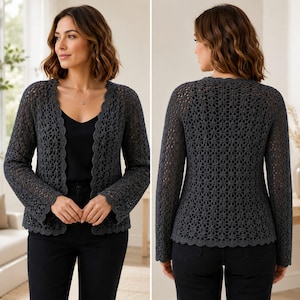 May include: A dark charcoal gray open-front cardigan featuring a delicate, repeating crochet lace pattern throughout the body and sleeves. The garment has long sleeves and a scalloped edge detail along the neckline, front opening, and hemline.