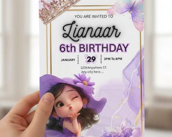 Purple Princess Birthday Invitation, Editable Fairy Tale Party Template (Digital Download)