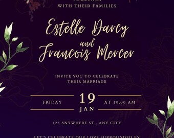 Editable Dark Floral Wedding Invitation, Canva Template, Elegant Purple Botanical Wedding Card, Printable Digital Invite