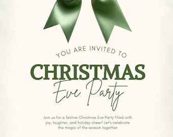 Christmas Eve Party Invitation Template | Editable Holiday Invitation | Green Bow Xmas Invite | Instant Download