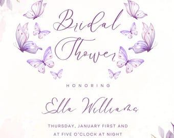 Lavender Butterfly Bridal Shower Invitation | Floral Canva Template (PDF Download)