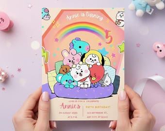 Editable Kids Birthday Invitation, Cute Cartoon Party Invite, Canva Birthday Template, Rainbow Animal Digital Printable Card