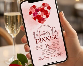 Floral Heart Valentine's Day Dinner Invitation, Editable Canva Template (Digital Download)