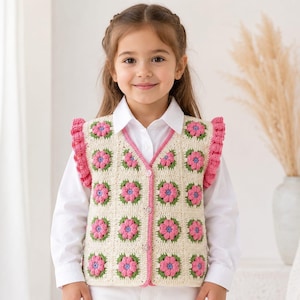 May include: A sleeveless crochet vest featuring a cream-colored base with a repeating pattern of pink flowers and green leaves. The vest has a V-neckline, a front button closure with three buttons, and ruffled armhole edges trimmed in pink yarn.