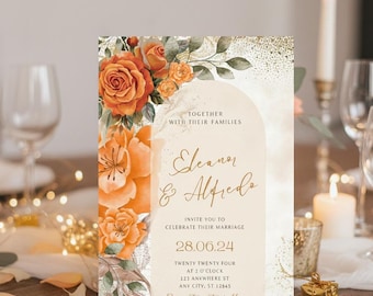 Editable Floral Wedding Invitation Template | Orange Rose Wedding Invite | Elegant Printable Wedding Card | Modern Boho Wedding Invitation
