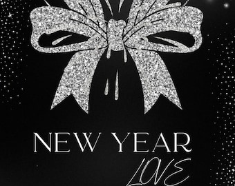 Glitter Bow New Year Party Invitation | Elegant Black Silver (Digital Download)