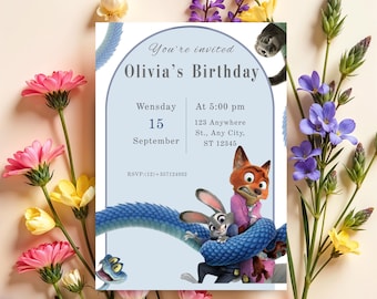 Zootopia Birthday Invitation, Jdy Hopps And Nik Wilde Theme, Zootopia Card, Instant Download.