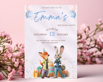 Zootopia Birthday Invitation, Zootropolis Party Invite, Judy Hopps & Nick Wilde Card, Instant Download.
