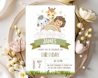 Safari First Birthday, Editable Invitation Safari Animals Jungle, Digital Template, Instant Download.
