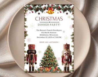 Nutcracker Christmas Dinner Invitation, Digital Holiday Invite, Instant Downloads.