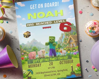 Pixel Block Birthday Invitation, Editable Gaming Invite, Block Craft Party, Instant Download.