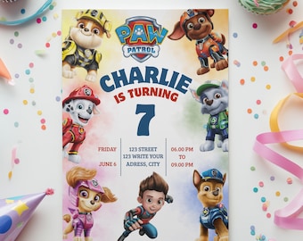 Editable Paw-ty Patrol Invitation, Kids Invitation Template Printable Puppy, Instant Download.