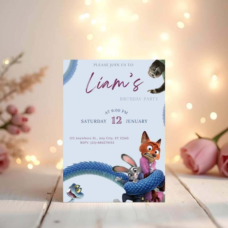 May include: A light blue birthday party invitation featuring the text "Liam's Birthday Party". The invitation includes cartoon characters and the date: Saturday, January 12th at 6:00 PM. The RSVP information is also included.