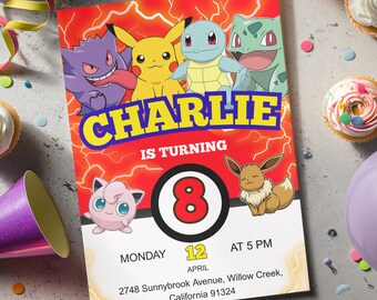 Pokemon Birthday Invitation, Pokemon Party Invite, Kids Card Template, Instant Download.
