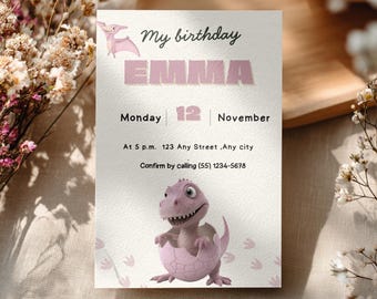 Dinosaur Birthday Invitation Girl Three Rex Party, Pink T-Rex Pastel Dinosaur Happy , Instant Download.