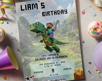 Minecraft Birthday Invitation Template, Pixel Block Party, Editable Game Birthday.