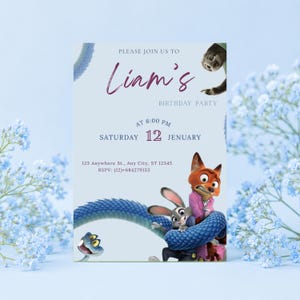 May include: A light blue birthday party invitation with the text "Liam's Birthday Party". The invitation features cartoon characters and the date "Saturday 12 January". The RSVP information is also included.