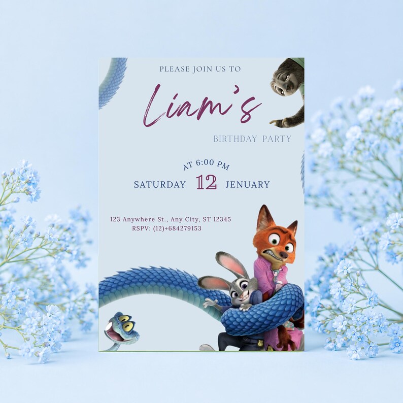 May include: A light blue birthday party invitation with the text "Liam's Birthday Party". The invitation features cartoon characters and the date "Saturday 12 January". The RSVP information is also included.
