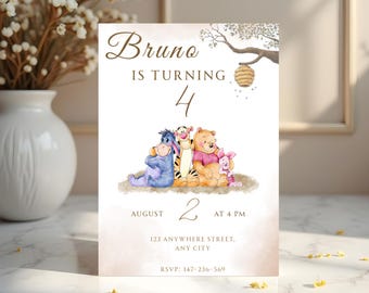Classic Winnie the Pooh First Birthday Invitation, Sweet Honey Bear Party Invite, Instant Download.