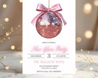2026 New Years Party Invitation Template, Pink Bow Disco Ball Happy Year, Instant Download.