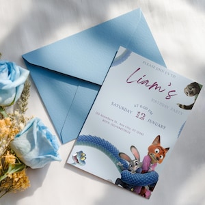 May include: A light blue birthday party invitation with a matching envelope. The invitation features cartoon characters and the text "Liam's Birthday Party" with the date and time.