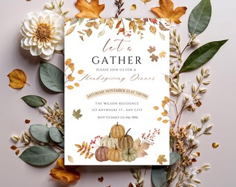 Invitation to a Thanksgiving party with friends,  autumn pumpkin theme, dinner with loved ones.