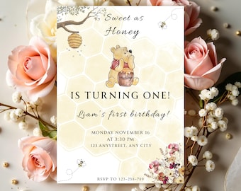 Winnie the Pooh Birthday Invitation, Winnie 1st Party Invite, Digital & Printable, Instant Download.