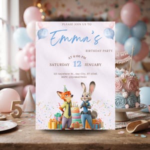 Invito di compleanno a tema Zootropolis, invito per la festa di Zootropolis, biglietto con Judy Hopps e Nick Wilde, download immediato.