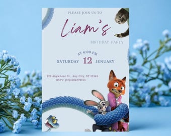 Zootopia 2 Birthday Invitation Editable Template, Judy Hopps Nick Wilde Party Card, Instant Download.