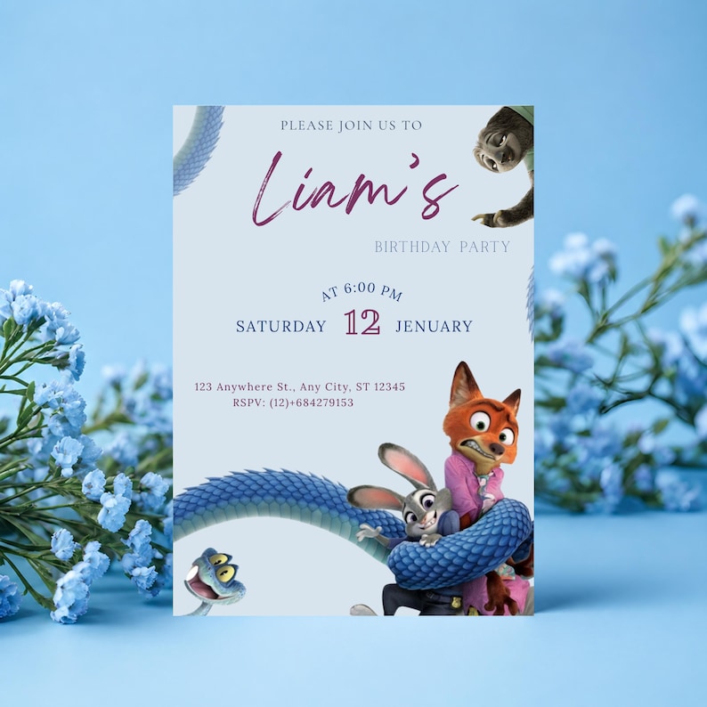 May include: A light blue birthday party invitation featuring characters from the movie Zootopia. The invitation includes the text "Liam's Birthday Party" and event details. The date is Saturday, January 12th, at 6:00 PM.
